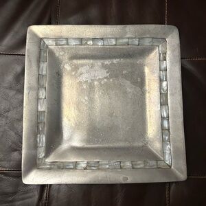 Pewter serving tray or table accent tray trimmed in mother of pearl